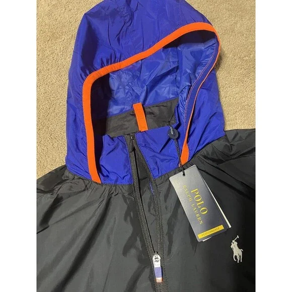 POLO RALPH LAUREN Men's Windbreaker Hoodie Jacket Size M Blue&black NWT